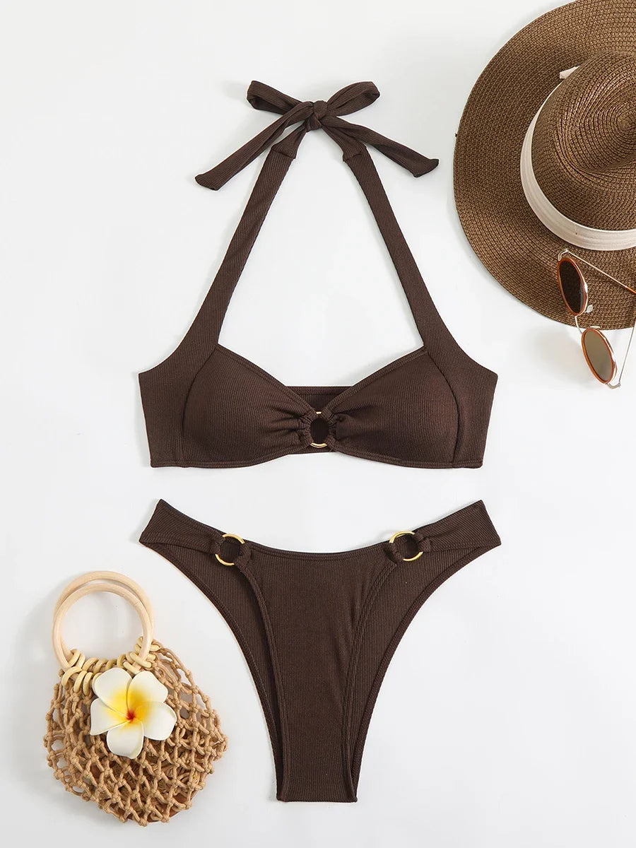 Chocolate Brown Ribbed Gold Ring Detail Halter Bikini Aesthetic