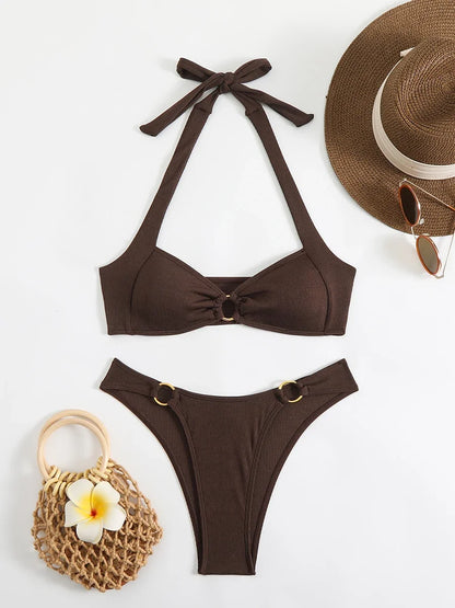 Chocolate Brown Ribbed Gold Ring Detail Halter Bikini Aesthetic
