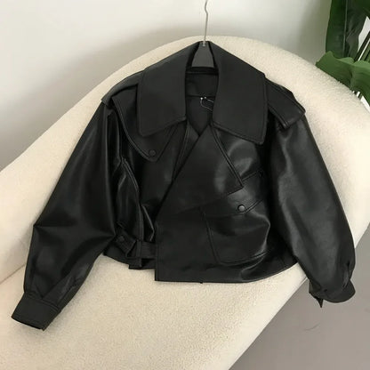 2025 New Womens Black Faux Leather Bomber Jacket Button Up Short Coat Turn Down Collar Moto Biker Style For Spring Autumn