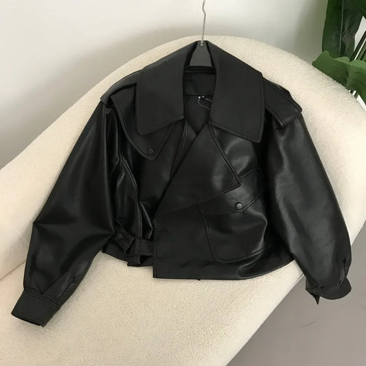 2025 New Womens Black Faux Leather Bomber Jacket Button Up Short Coat Turn Down Collar Moto Biker Style For Spring Autumn
