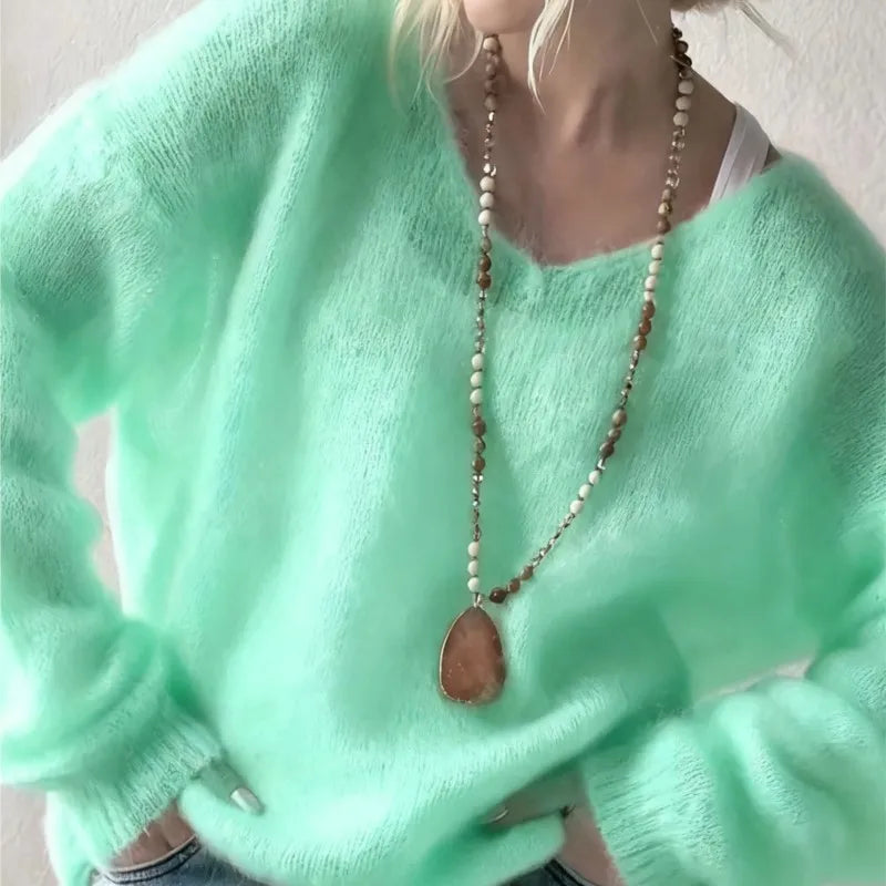 2025 Women S Solid Color Long Sleeved V Neck Cotton Linen Loose Top Fashionable Casual Sweater