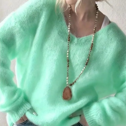 2025 Women S Solid Color Long Sleeved V Neck Cotton Linen Loose Top Fashionable Casual Sweater