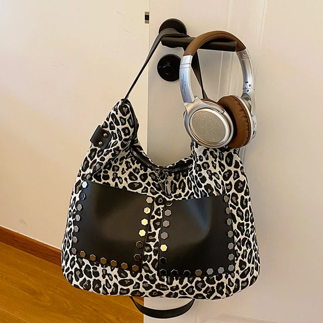 Leopard Patchwork Shoulder Bag: High-Quality, Spacious Tote Bag