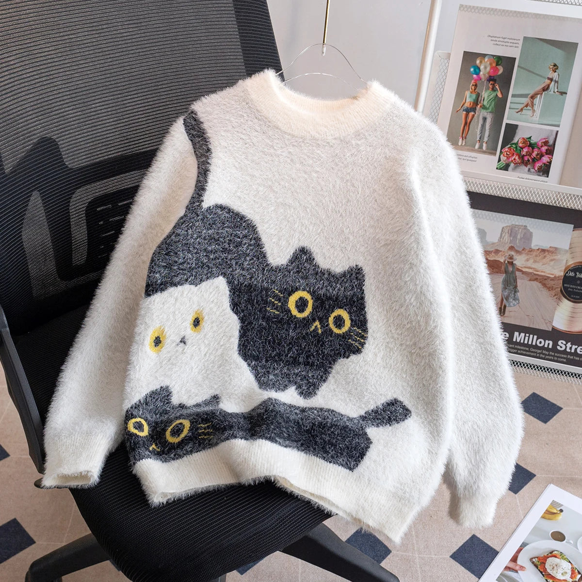 Abstract Art Cat Pattern Knit Pullover 3d Printed Winter Sweater For Unisex Casual Style