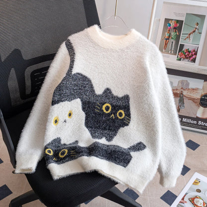 Abstract Art Cat Pattern Knit Pullover 3d Printed Winter Sweater For Unisex Casual Style