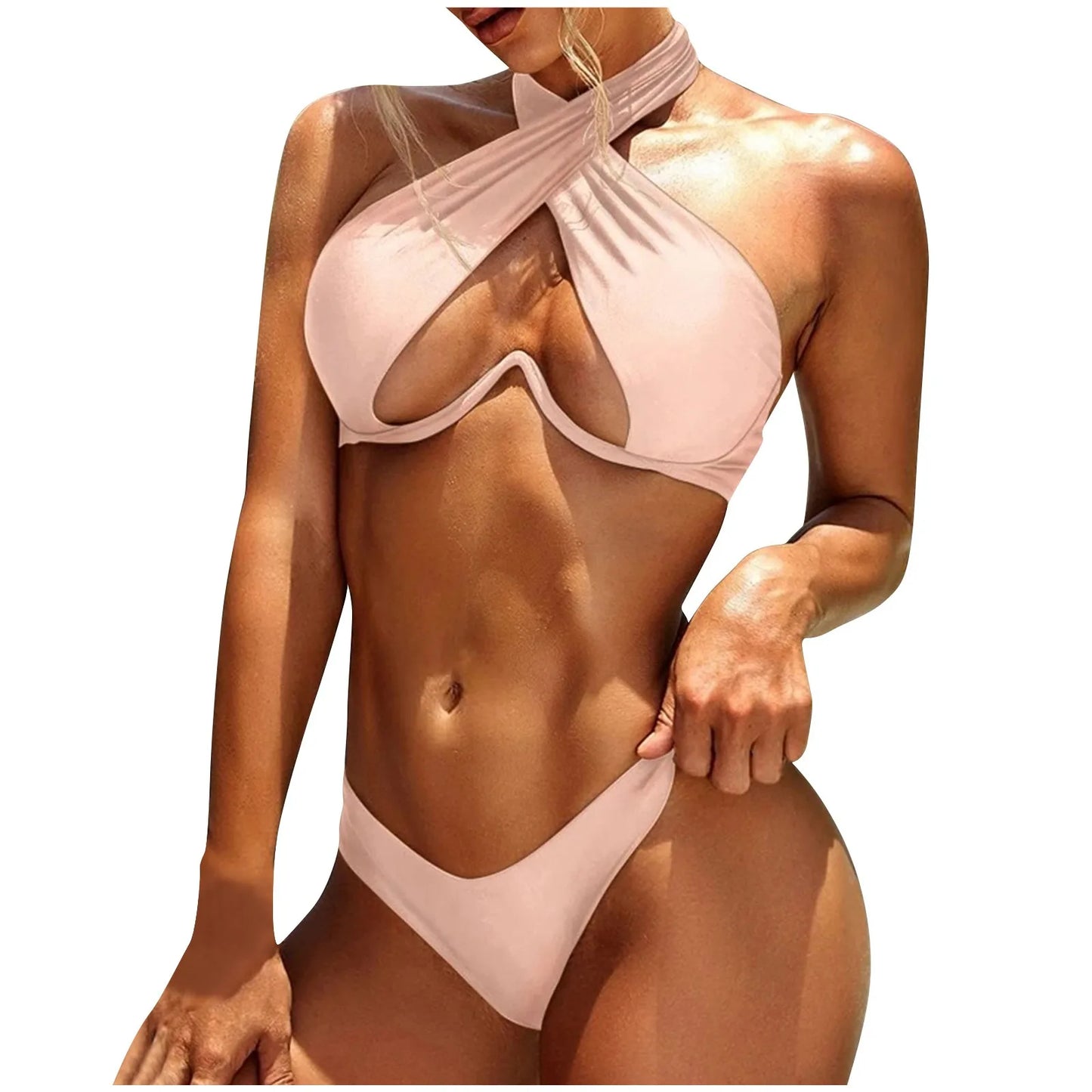 Split Colored Ring Linked Open Back Bikini For Women