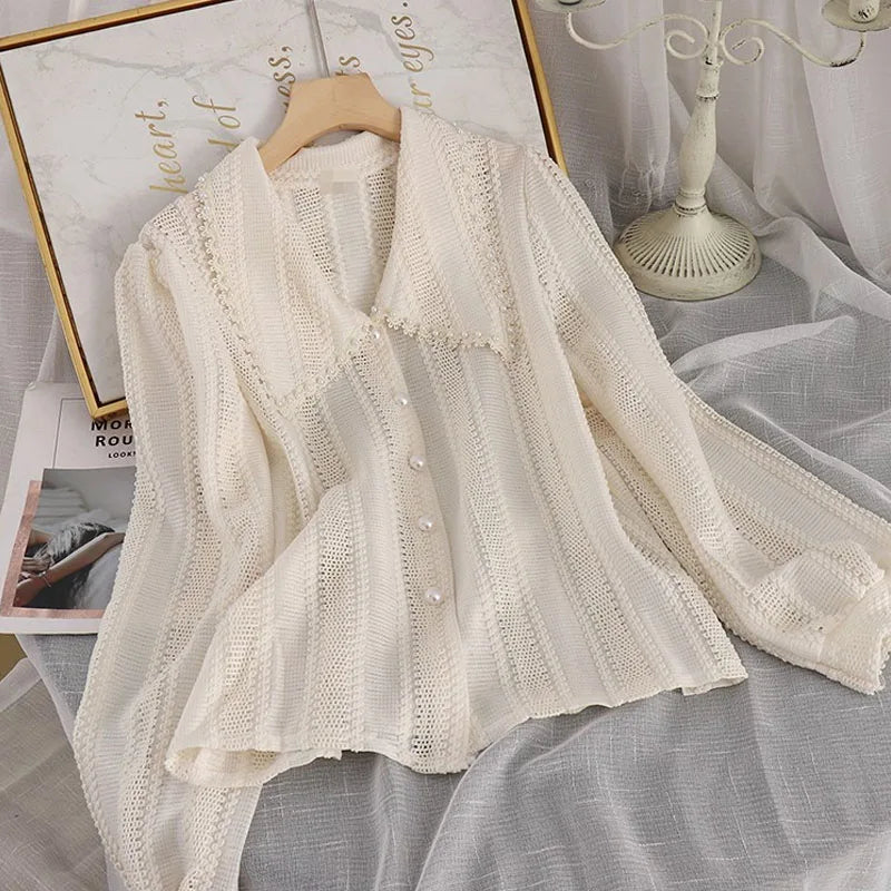 Romantic Heritage: Lace-Up Peter Pan Collar Cardigan Blouse