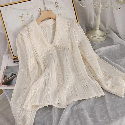 Romantic Heritage: Lace-Up Peter Pan Collar Cardigan Blouse