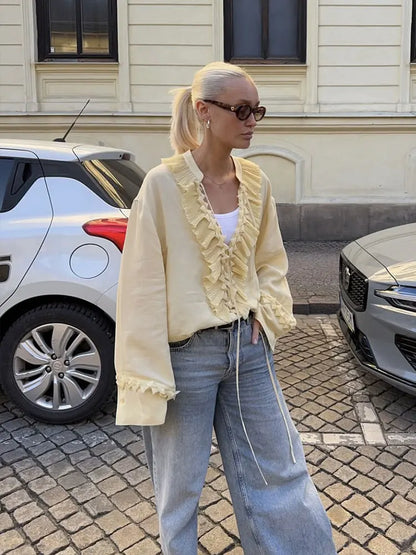 2025 Summer Fashion Vintage Womens Solid Ruffle Blouse Casual Sweet Elegant Top For Youth