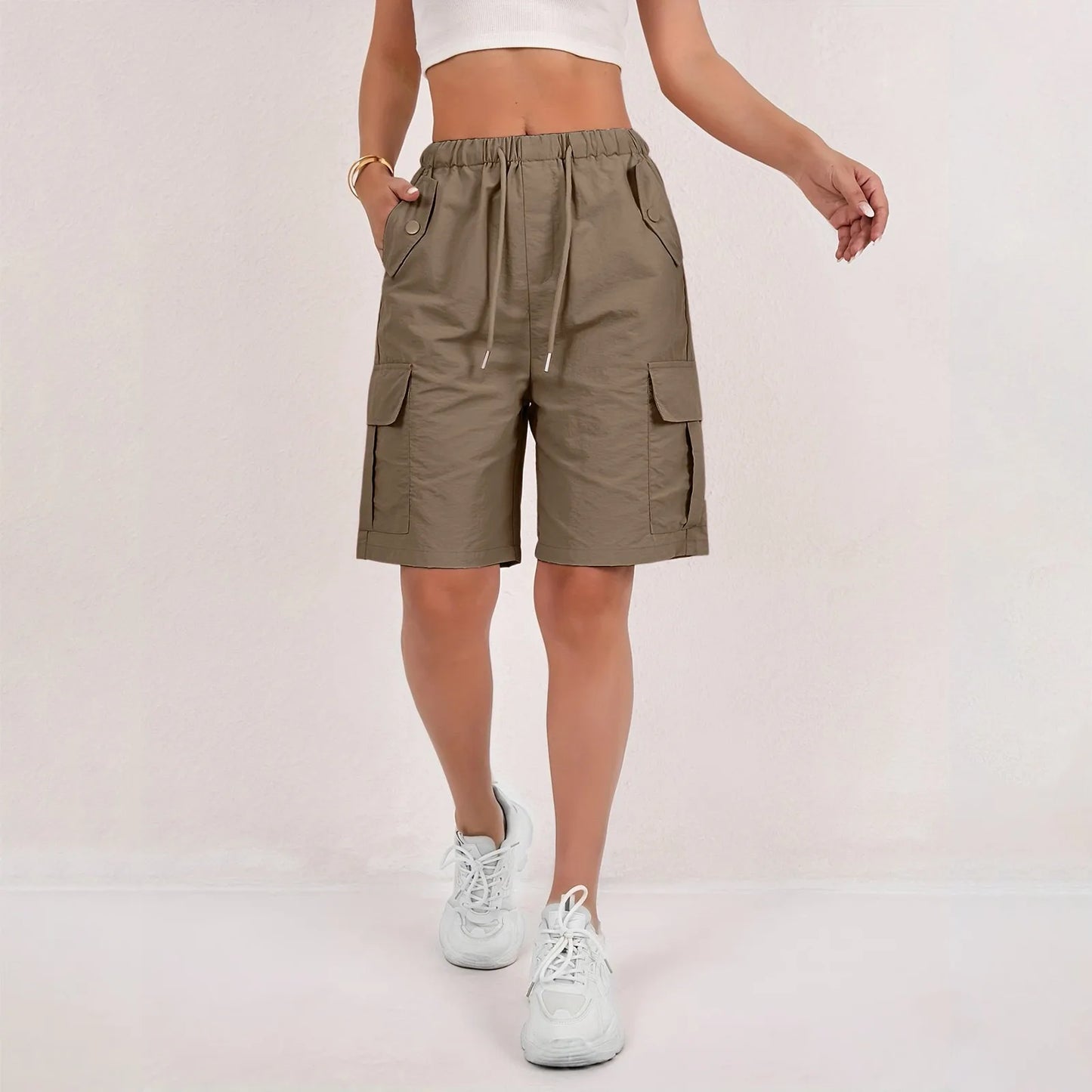 Elastic Waist Flap Pocket Cargo Shorts For Women