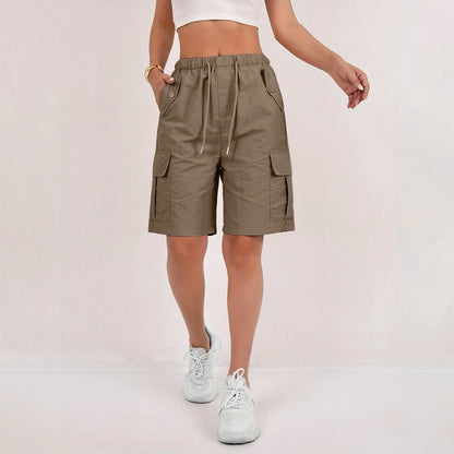 Elastic Waist Flap Pocket Cargo Shorts For Women