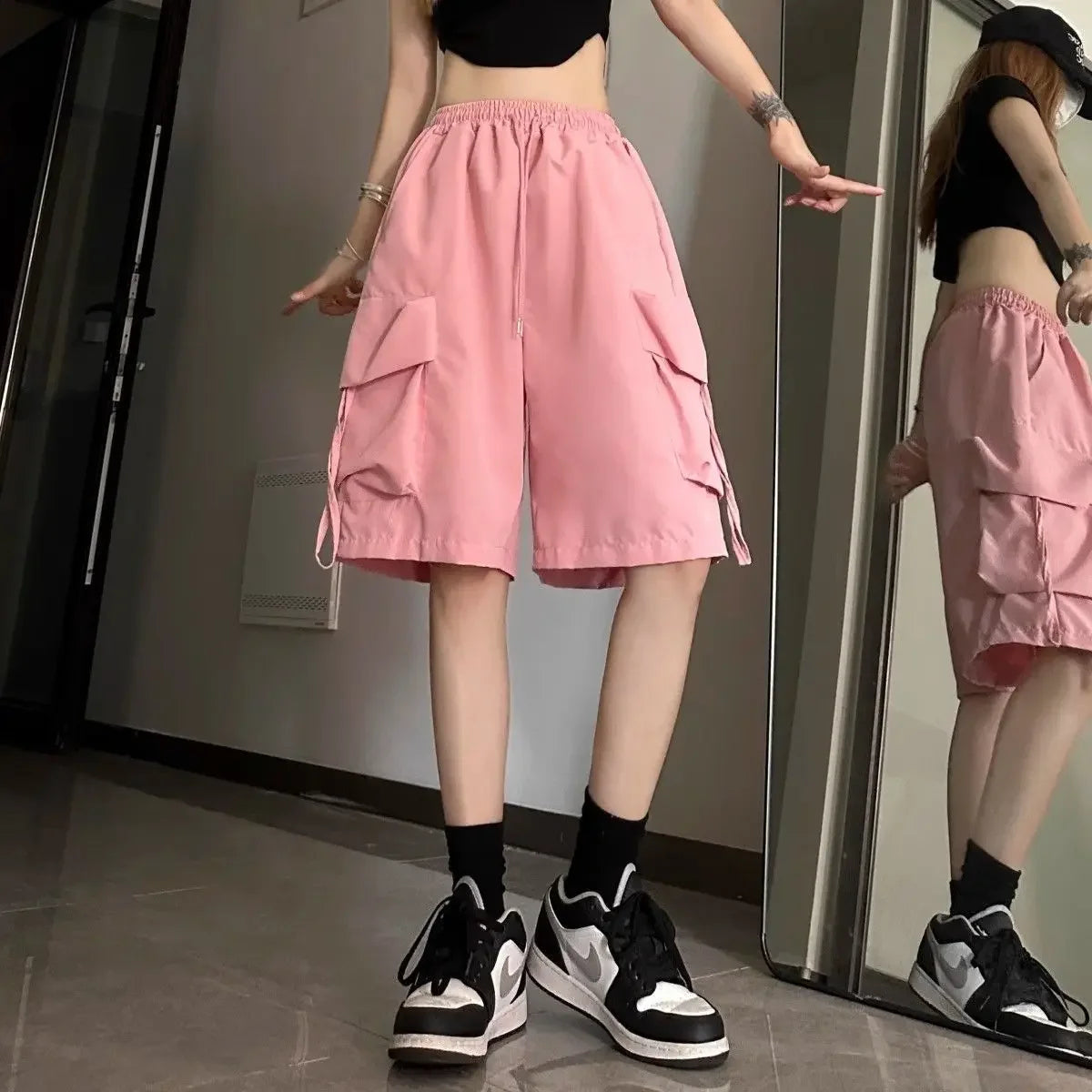Pink Streetwear Oversized Cargo Shorts