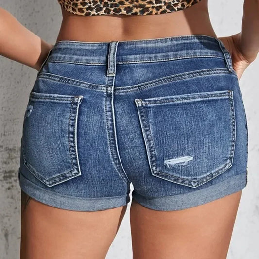 Womens Mid Rise Distressed Denim Shorts Summer Beach Fashion Curled Cuff Perforated Design Elastic Slim Fit Casual Shorts