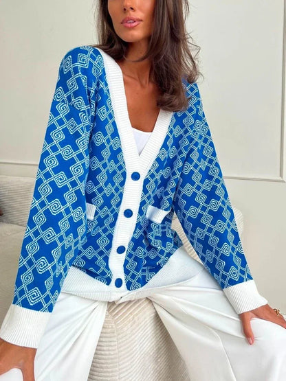 Geometric Jacquard V-Neck Knit Cardigan – Oversized 2025 Autumn/Winter