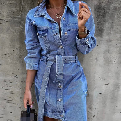 Women Single-Breasted Streetwear Denim Midi Dress