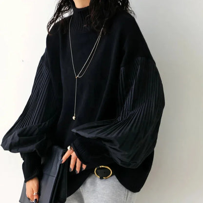 Lantern Sleeve Autumn Knitted Pullover Sweater For Women Patchwork Turtleneck Pleated Lazy Oaf Loose Top Jacket