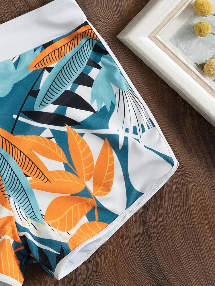 3 Pieces Flower Design Halter Bathing Suit Set