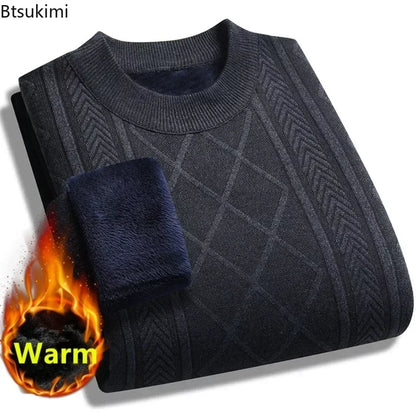 2025 Mens Casual Warm Sweater Solid Plush Knitted Pullover Autumn Winter Thickened Versatile Top