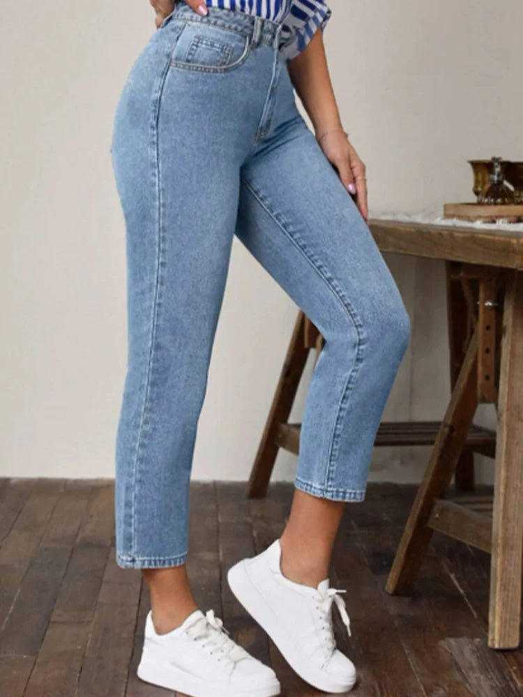 Women’s High Waist Slim Straight Jeans – Cropped High Street Denim
