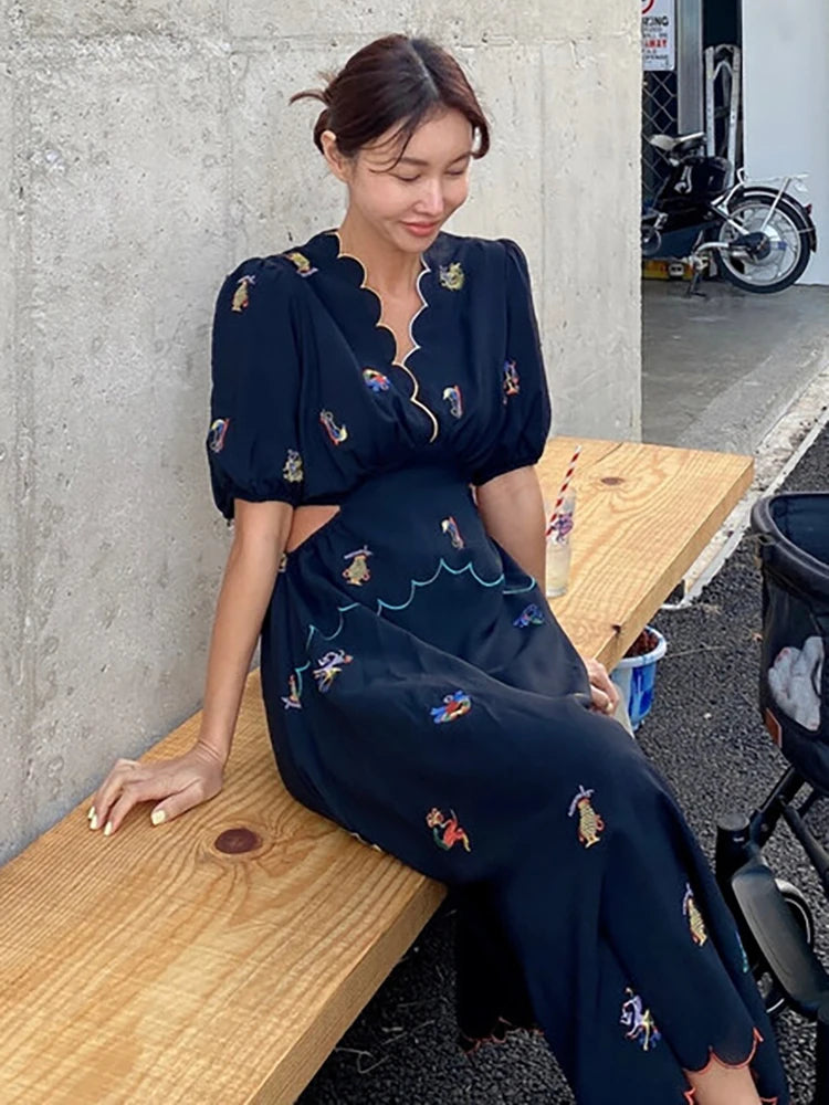 Fresh Summer Style Women V Neck Tapered Waist Dresses