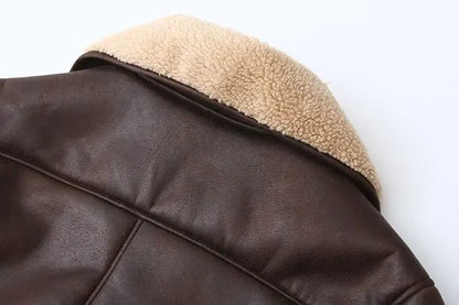 American Retro Style Leather Fur Inteated Windproof Warm Cotton Bomber Jackets Outerwear