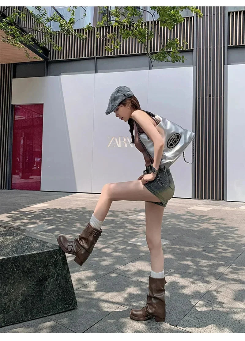 Pleated Buckle Pu Leather Mid Calf Women Boots