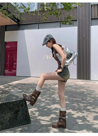 Pleated Buckle Pu Leather Mid Calf Women Boots