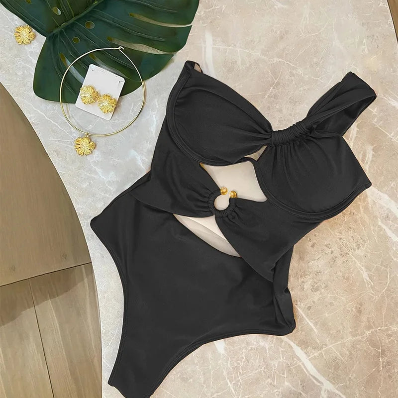 2025 One Shoulder High Waist Bikini Solid Color Padded Swimsuit For Women Trendy Summer Beachwear