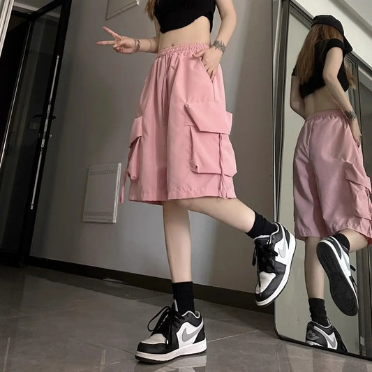 Pink Streetwear Oversized Cargo Shorts