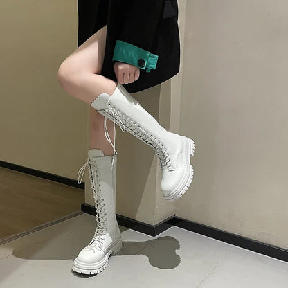 Women’s Knee-High Platform Boots 2025 – Korean Style PU Leather Fleeced Chunky Heel Winter Boots