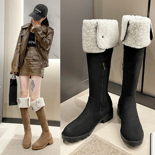 2024 Modern Knee-High Suede Boots: Square Heel, Winter Shoes for Women