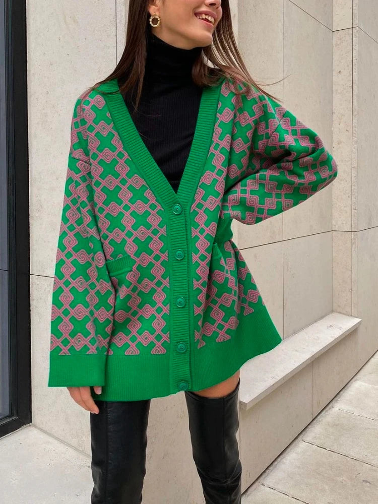 Geometric Jacquard V-Neck Knit Cardigan – Oversized 2025 Autumn/Winter