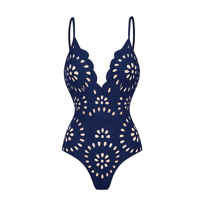Coastal Mediterranean Aesthetic - Elegant Blue Floral One-Piece Swimsuit