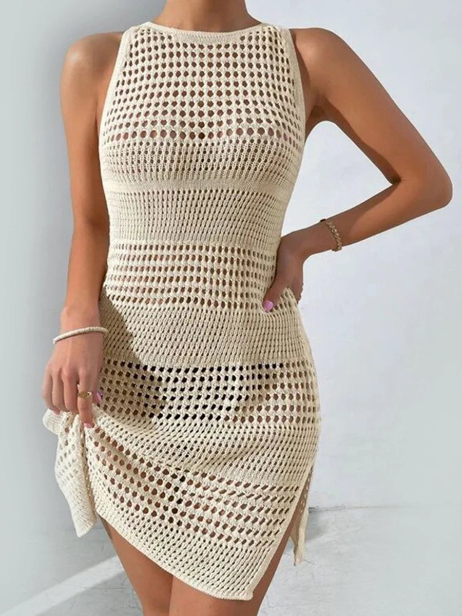 Chic Cream Crochet Knit Beach Dress Aesthetic