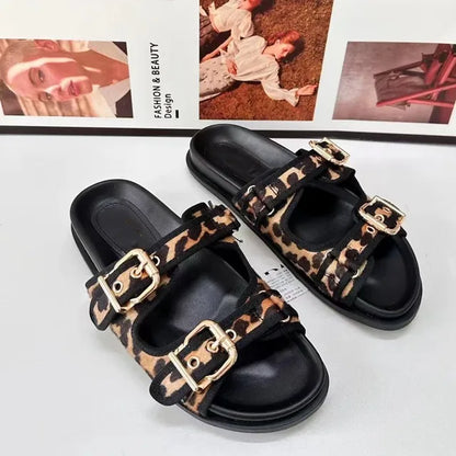 New Open Toe Leopard Print Flat Slippers For Women
