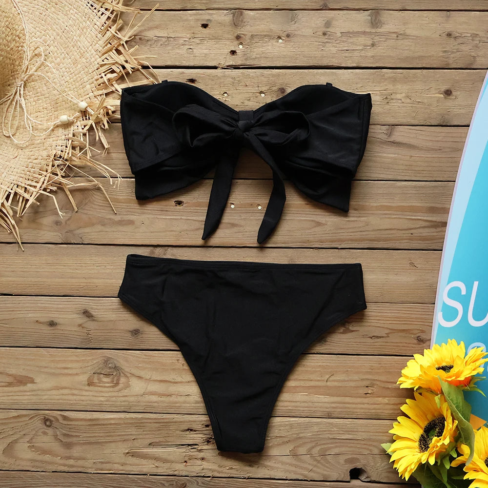Minimalist Luxury Black Bow Bikini Set for Effortless Coastal Aesthetic