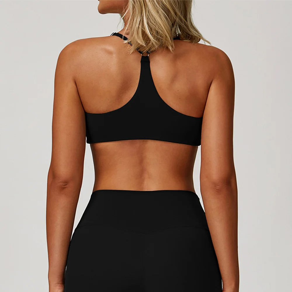 Womens Sports Yoga Vest Fitness Bra Shockproof No Buckle Running Bra With Cross Back Design