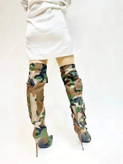 Designer Camouflage Themed Knee Length High Heel Boots