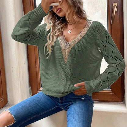 Women's V-Neck Knitted Sweater – Hollow Out Long Sleeve Casual Pullover, Fall Winter Fashion