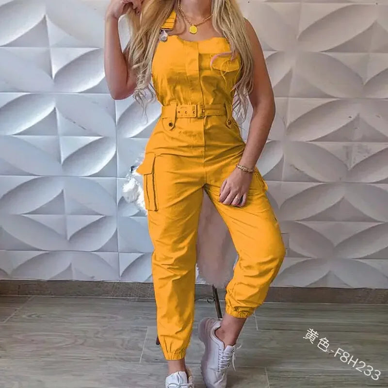 2025 Women S Casual Cargo Jumpsuit Sleeveless O Neck Playsuit With Pocket Belt Loose Pencil Pants