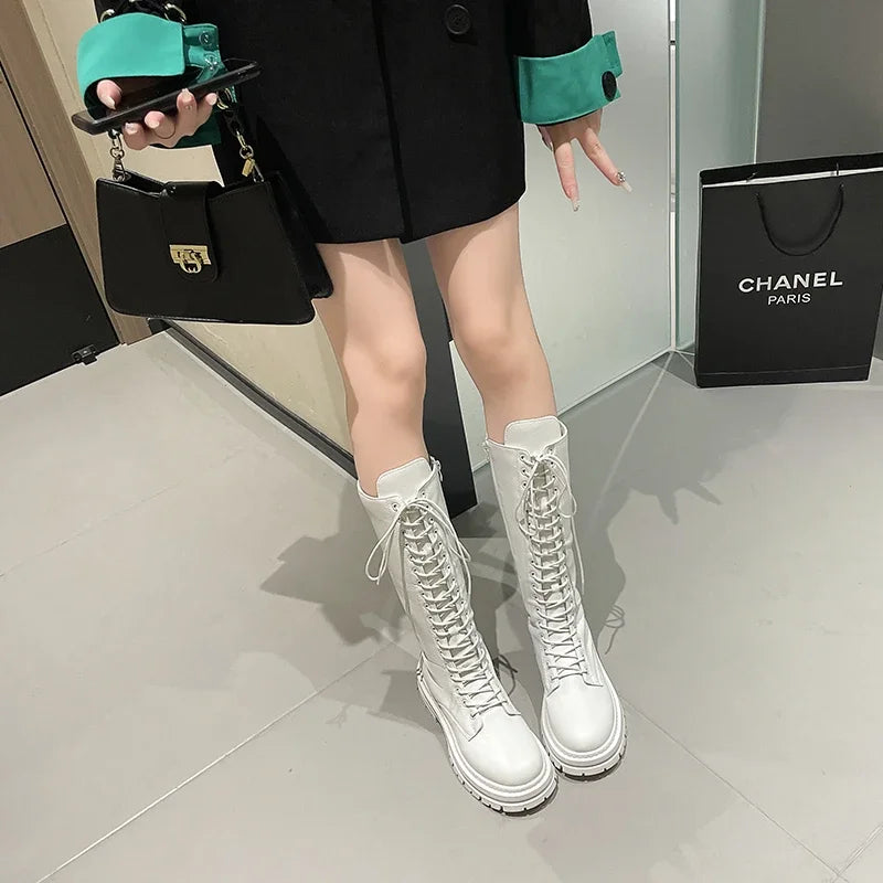 Women’s Knee-High Platform Boots 2025 – Korean Style PU Leather Fleeced Chunky Heel Winter Boots