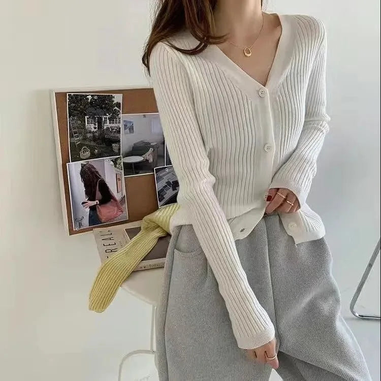New Spring Autumn Solid Cardigan Sweater For Women V Neck Long Sleeve Single Breasted Short Coat Knit Clothing