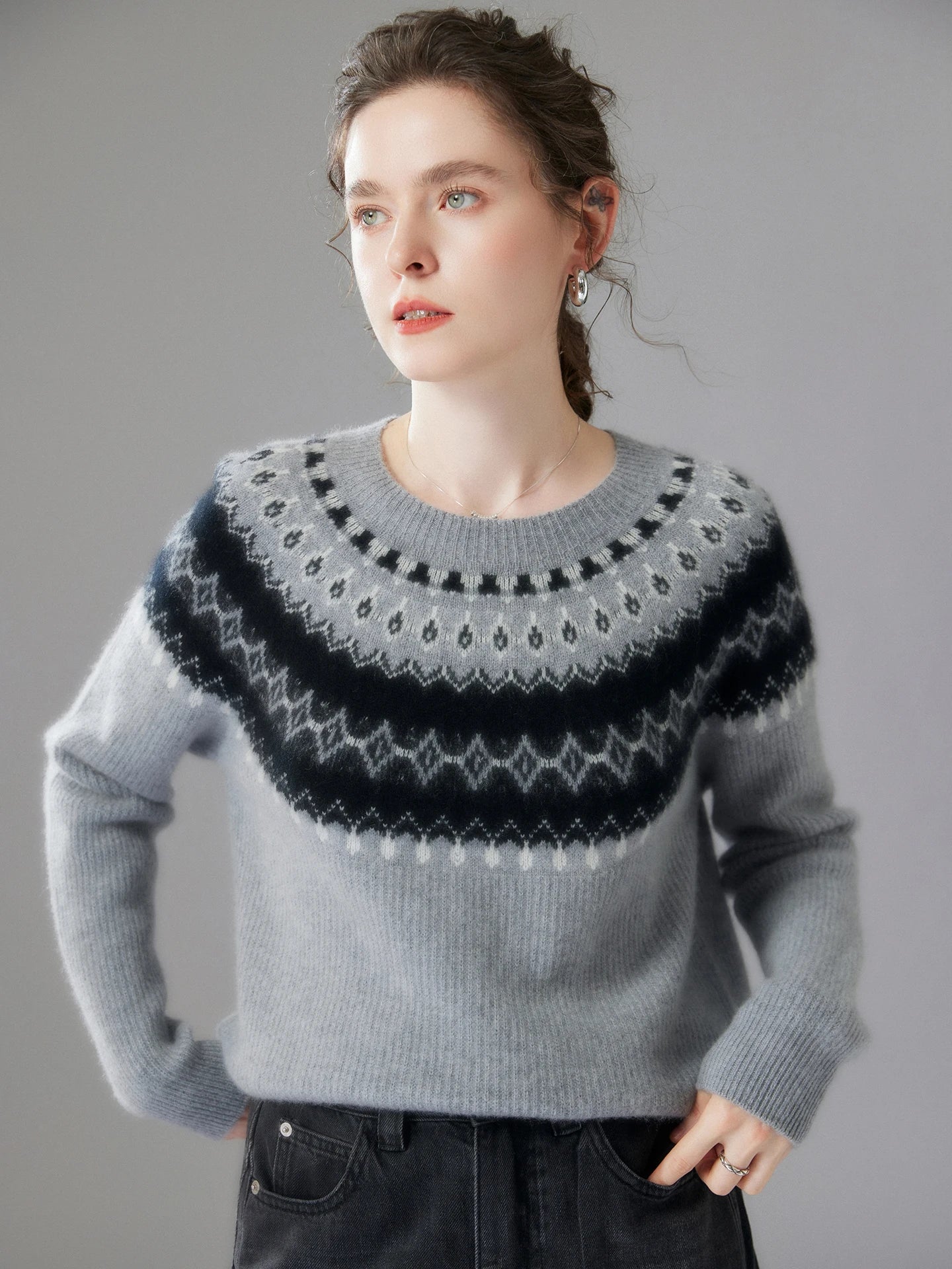 Winter Aesthetic: Grey Fair Isle Crewneck Knit Sweater
