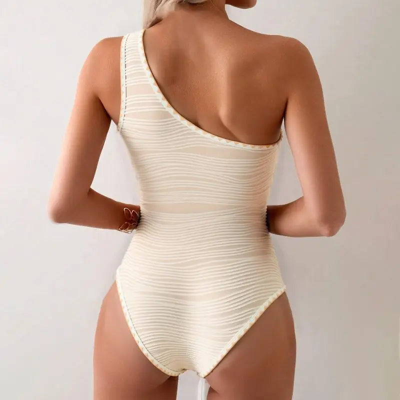 Elegant Cream One-Shoulder Starfish Detail Swimsuit Aesthetic