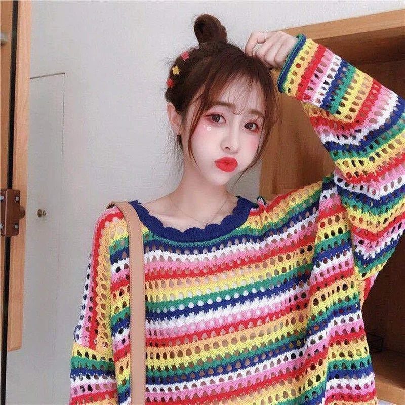 Women Rainbow Colorful Stripe Sweaters