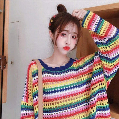 Women Rainbow Colorful Stripe Sweaters