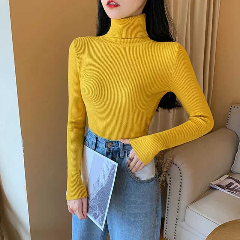 2025 Autumn Winter Women S Thick Ribbed Knitted Turtleneck Sweater Slim Fit Long Sleeve Pullover Soft Warm