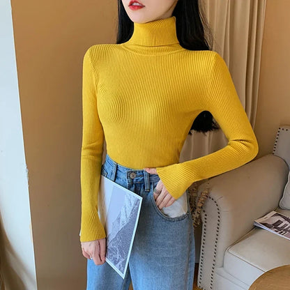 2025 Autumn Winter Women S Thick Ribbed Knitted Turtleneck Sweater Slim Fit Long Sleeve Pullover Soft Warm