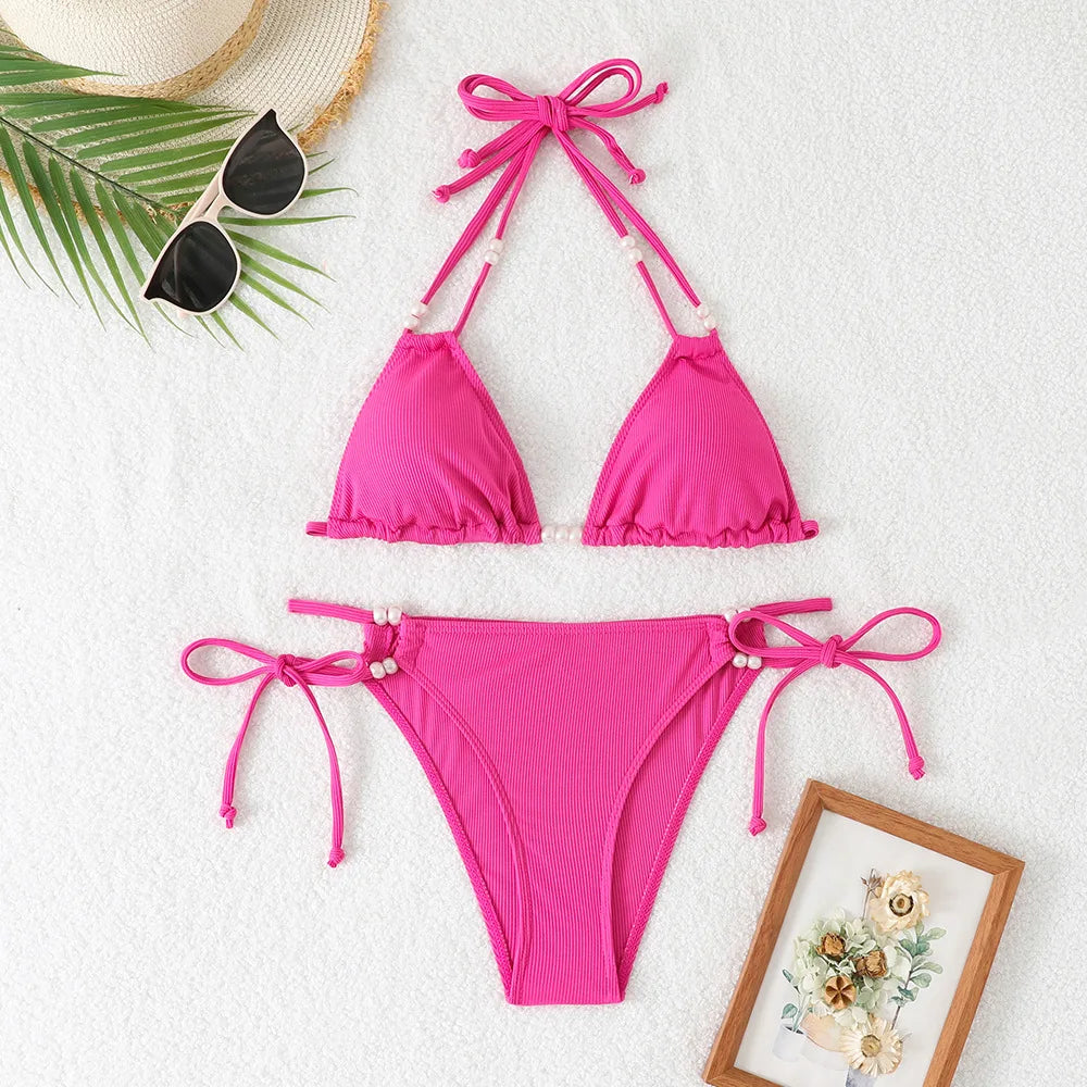 Bright Orange Ribbed Bikini with Pearl Bead Details Aesthetic