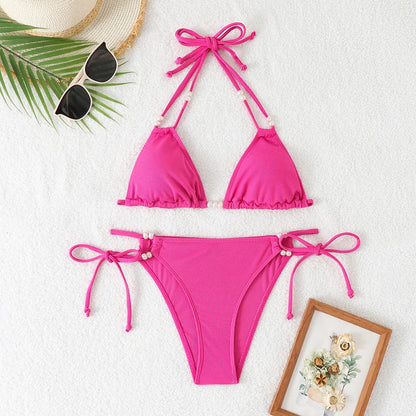 Bright Orange Ribbed Bikini with Pearl Bead Details Aesthetic